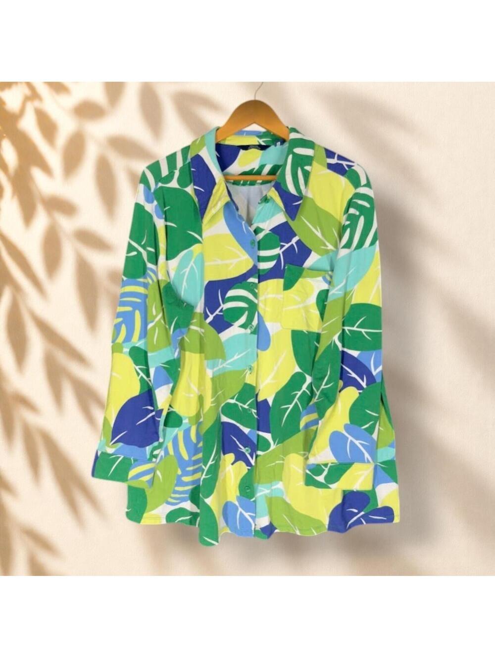 D&Co. Shirt Women 2X Plus Green Floral Button Up Collared Long Sleeve Cotton